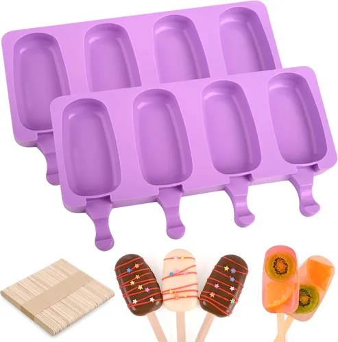 Vista 17 de WMKGG Juego de moldes de silicona para paletas, 2 piezas de moldes para helado con 50 palitos de madera para pastelitos, paletas de hielo, Azul