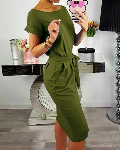 Vista 4 de PRETTYGARDEN - Vestido de verano para mujer, manga corta con cuello redondo, a rayas, prenda básica de color liso, con lazo en la cintura y bolsillos