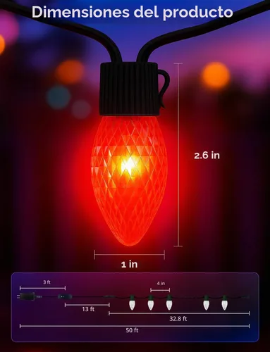 Vista 6 de Popotan C-9 Luces LED de Navidad para Exteriores, 33 Pies 50 LEDs Luces de Cadena RGB Inteligentes con Control Remoto de Aplicación, 108 Modos
