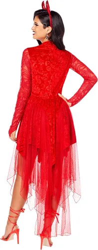 Vista 2 de Spirit Halloween Disfraz de diablo para adultos, traje de diablo para adultos, vestido de diablo rojo con cuernos, disfraz de diablo