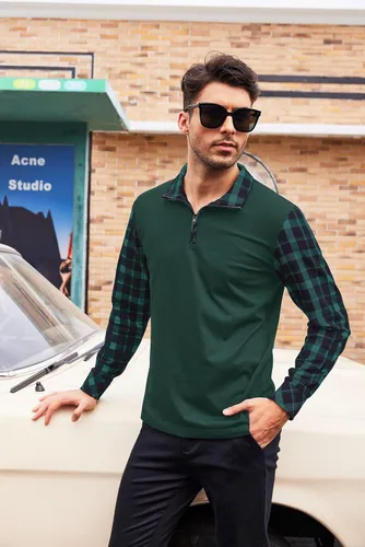 Vista 4 de Coofandy Polo de manga larga para hombre, estilo casual, ajustado, con cremallera, a cuadros