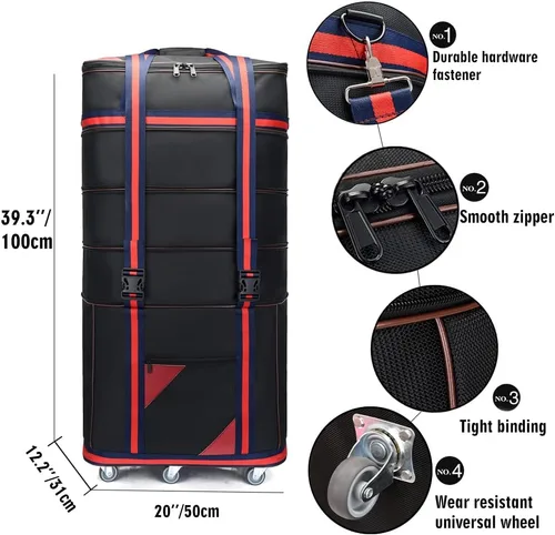 Vista 2 de ELDA Maleta plegable expandible para hombres y mujeres, bolsas de viaje con ruedas universales, equipaje ligero de gran capacidad, Negro
