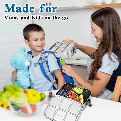Vista 9 de UPTRUST Fiambrera Bento de acero inoxidable, 3 compartimentos, caja Bento de metal grande de 47.3 fl oz para niños o adultos, contenedor con clips