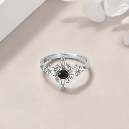 Vista 3 de YAFEINI - Anillo de nudo de brujas de plata de ley - Joyería celta de nudo de la Trinidad para mujer