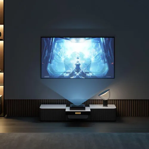 Vista 3 de POVISON Moderno soporte de TV para proyector, centro de entretenimiento de piedra sinterizada con almacenamiento para sala de estar, dormitorio