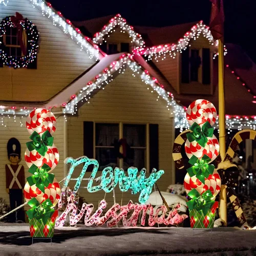 Vista 2 de Skylety 2 juegos de decoraciones navideñas de bastón de caramelo de menta al aire libre con estaca de 112 cm para césped, jardín, poste con luces