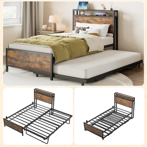 Vista 6 de IRONCK - Sofá cama doble con cama nido, cabecera de almacenamiento y estación de carga Sturdy Metal Twin Bed Frame, Space-Saving Pop Up Trundle