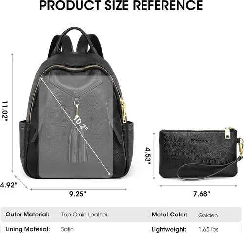 Vista 3 de Kattee Mochila de cuero genuino para mujer, suave, casual, bolsa de viaje de moda con cartera de muñeca, Negro