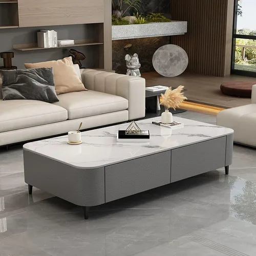 Vista 8 de LAKIQ Mesa auxiliar moderna con cajones de almacenamiento, mesa central rectangular para sala de estar