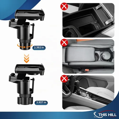 Vista 5 de Bandeja portavasos This Hill para auto, 2 en 1 Bandeja desmontable para mesa de comida con base sólida y ranura para teléfono, Expansor