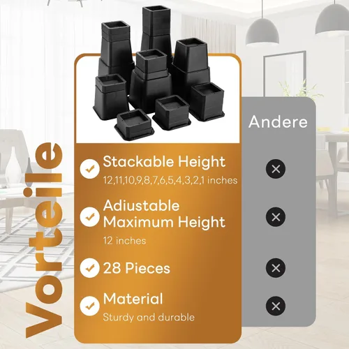 Vista 4 de BTSD-home Elevadores de cama ajustables de 12 pulgadas, resistentes, elevación en alturas de 1,2,3,4,5,6,7,8,9,10,11,12 pulgadas para sillón, sofá