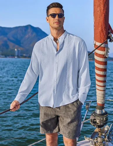 Vista 2 de COOFANDY Camisas casuales de lino para hombre, camisa de playa de manga larga con botones