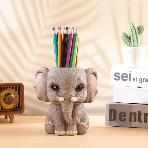 Vista 3 de Portalápices de elefante, lindos organizadores de escritorio de moda, adorno de animal, soporte para brochas de maquillaje, suministros