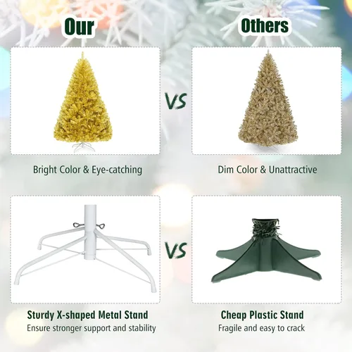 Vista 5 de DREAMADE Árbol de Navidad de oropel dorado, pino artificial de 6 pies sin encender con 1036 ramas completas, soporte de metal, diseño con bisagras
