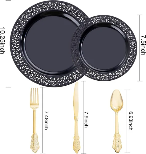 Vista 2 de U-QE 150 platos de plástico negro con cubiertos de plástico dorado, platos negros desechables para fiestas, incluyen 30 platos llanos de 10.25
