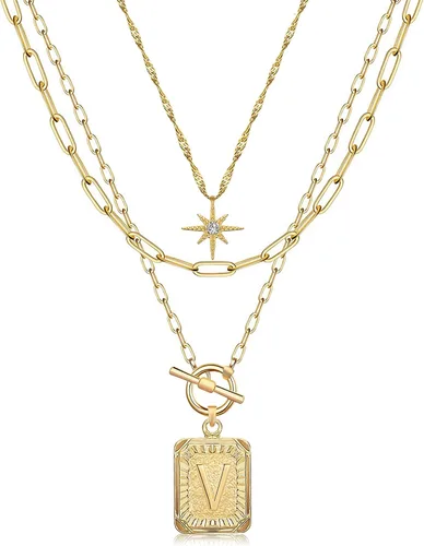 Vista 30 de MJartoria Collares con iniciales en capas para mujer, modernos, chapados en oro de 14 quilates, cadena de papel, collar sencillo con dije de Dorado