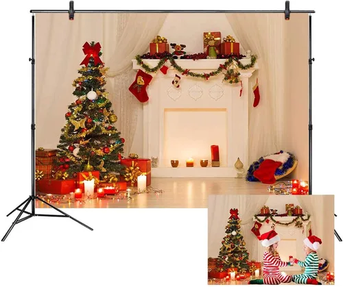 Vista 15 de LB Telones de fondo de chimenea de Navidad para fotografía de 5 x 3 pies, calcetines de árbol de Navidad, regalos de Año Nuevo, para niños