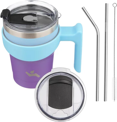 Vista 74 de Konokyo - Vaso de 10 onzas con asa y 2 popotes, 2 tapas, botella de agua aislada de acero inoxidable, taza de viaje reutilizable, color verde militar