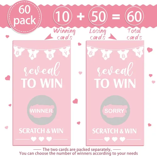 Vista 3 de Jexine Juego de 60 tarjetas para raspar para baby shower, color rosa, divertidas tarjetas para rascar, para fiestas de baby shower