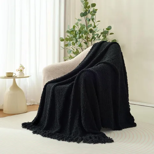 Vista 5 de Manta para sofá, lujosa de punto negra de 50"x60", con textura y borlas confeccionada a mano, para cama, sofá, decoración rústica y boho