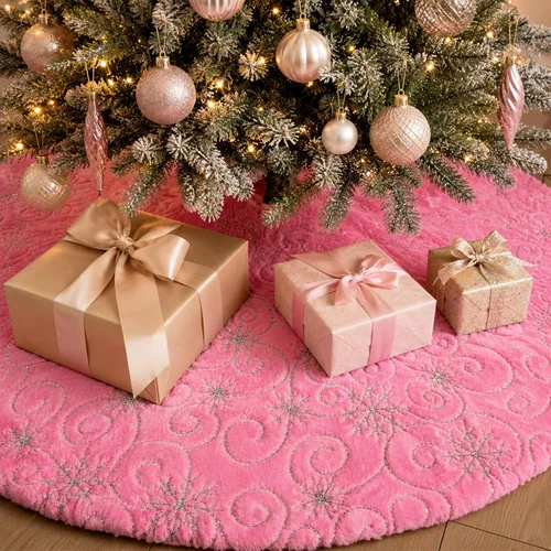 Vista 25 de Faldones de Felpa para Árbol de Navidad, 24 pulgadas, Lujosa Cubierta de Base de Árbol de Navidad de Piel Sintética Negra con Copos de Nieve Dorados