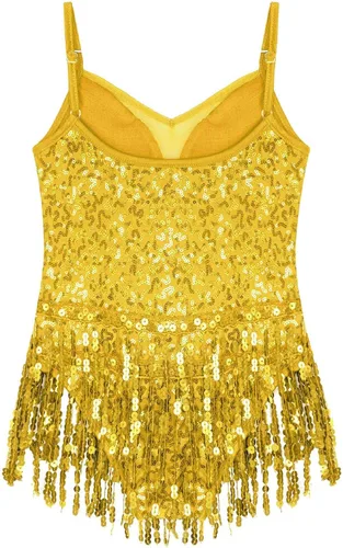 Vista 5 de Xnihocha Vestido de baile latino con borlas y lentejuelas brillantes para niñas y niñas, falda tutú, leotardo, moderno, disfraz de salón de jazz