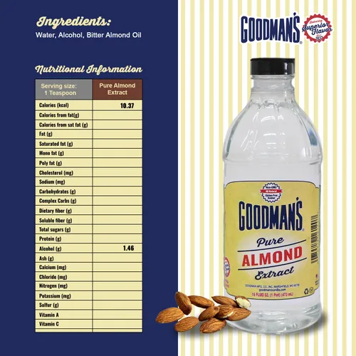 Vista 2 de Goodman's Extracto de almendra pura, sin gluten, sin OMG, kosher, bajo en carbohidratos y bajo en calorías, ideal para hornear, cocinar y bebidas