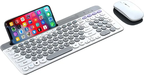 Vista 8 de Combo de teclado y mouse inalámbricos con soporte para tableta de teléfono, modo dual recargable (Bluetooth 5.0 y 3.0 +2.4G) mouse silencioso