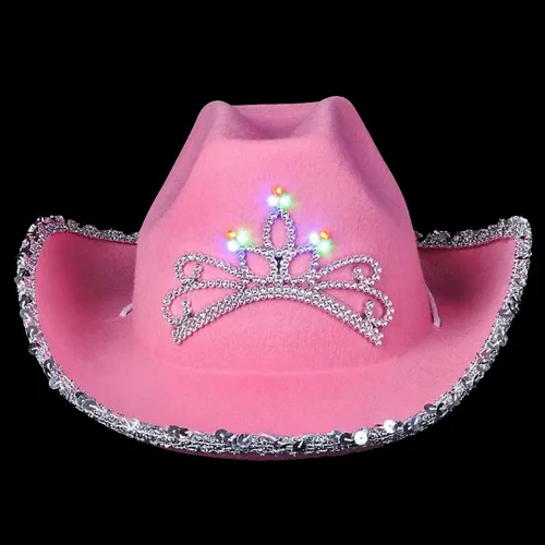 Vista 4 de ArtCreativity Sombrero de vaquero rosa iluminado para niñas, sombrero de vaquera brillante con lentejuelas y una deslumbrante tiara LED, lindo