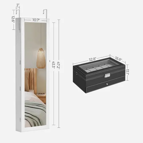 Vista 6 de SONGMICS Armario de joyería con espejo LED y caja de reloj de 12 ranuras organizador de joyas montado en la puerta de pared con espejo y organizador