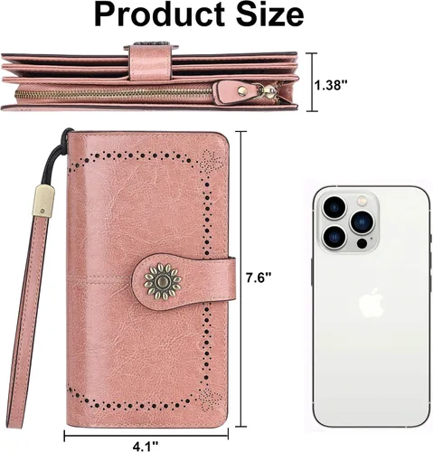 Vista 6 de Lavemi - Cartera de piel con bloqueo RFID para mujer, de gran capacidad, para llevarla a la muñeca