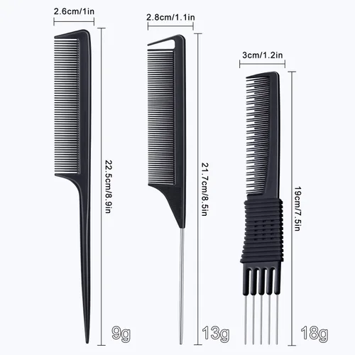 Vista 7 de TsMADDTs Peines de cola de rata para mujeres y hombres, juego de 3 peines para trenzar, separar, peinar, dientes finos, color negro
