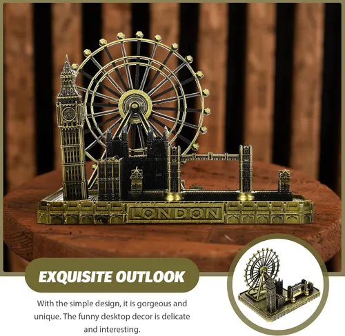 Vista 3 de Figura de modelo londinense Big Ben Reloj Ornamento con base de madera decorativo coleccionable para el hogar Oficina Soporte de exhibición