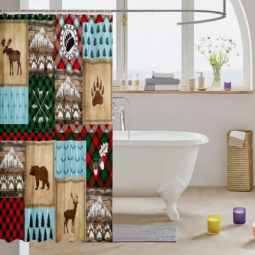 Vista 3 de Manfei Cortinas de ducha con diseño de oso de ciervo para niños, conos de pinos, cuernos de pata de animal, cortinas de baño impermeables con 12