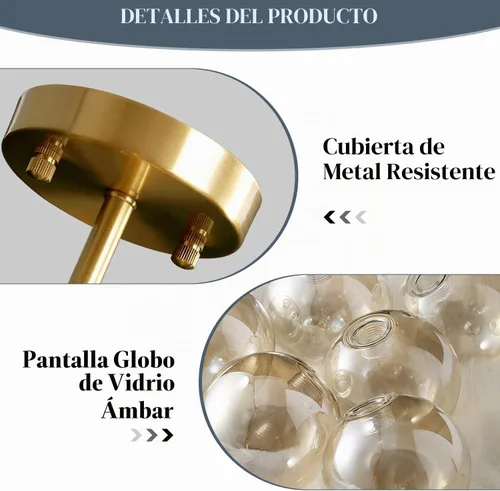 Vista 3 de KCO Iluminación Pequeña Lámpara de Techo de Vidrio Ámbar Burbuja Sputnik de Latón Dorado Montaje Semiempotrado para Cocina Recámara Pasillo