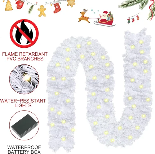 Vista 3 de CCINEE Guirnalda de Navidad artificial preiluminada de 9 pies, guirnalda de Navidad blanca a pilas con 50 luces LED cálidas, guirnalda de Navidad