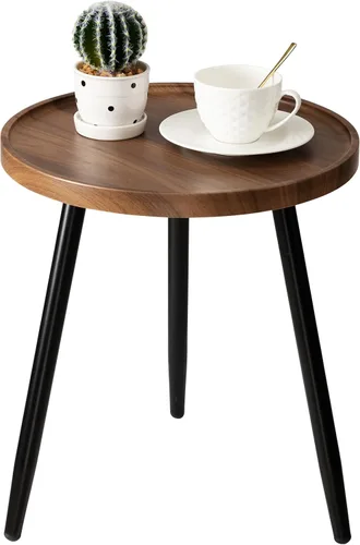 Vista 9 de Mesa auxiliar redonda negra, mesa decorativa con patas de metal con bandeja de madera, mesa auxiliar redonda pequeña para sala de estar, dormitorio