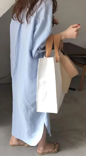 Vista 3 de GGUHHU - Vestido largo de algodón con mangas arremangadas, vestido maxi tipo blusa de algodón