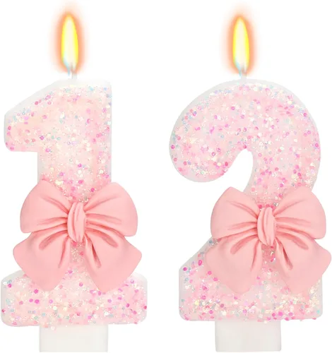 Vista 59 de Vela de cumpleaños para pastel, vela 0 - purpurina rosa con lazo, vela de feliz cumpleaños de 2.76 pulgadas, adorno superior de pastel para fiestas