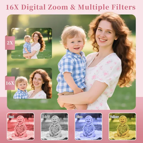 Vista 4 de Cámara digital 4K para niños: cámara rosa de 50 MP para fotografía -Zoom 16X antivibración, sello de fecha- Regalos de cumpleaños de Navidad