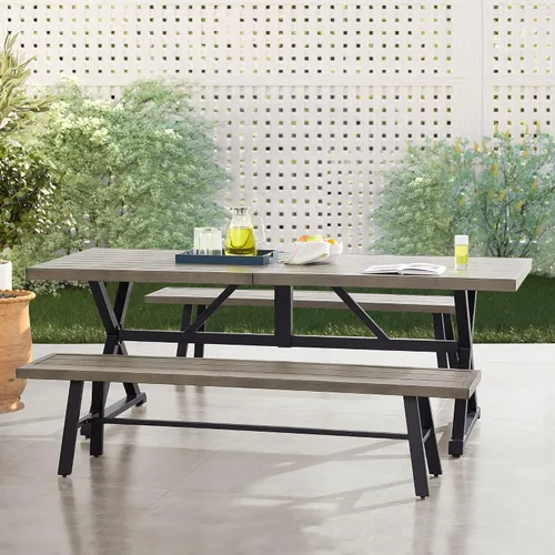 Vista 10 de Ulax furniture Mesa de comedor para patio al aire libre, mesa de comedor rectangular de 82 pulgadas con acabado similar a la madera, ideal