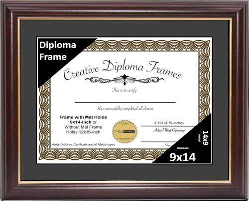 Vista 44 de Creative Picture Frames Marco para Diploma de Caoba con Borde Dorado de 12x16 pulgadas con Vidrio y Paspartú Negro y Colgadores de Pared Instalados