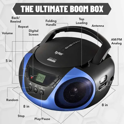 Vista 5 de Tyler - Reproductor de CD Boombox portátil, radio AM/FM Combo, reproductores de CD de Boom Box dinámicos para estéreo portátil