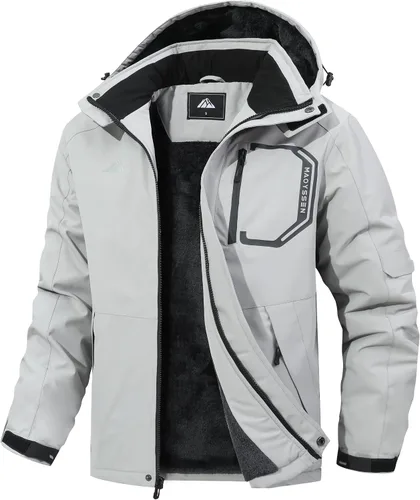 Vista 6 de Chaqueta de esquí para hombre con capucha, chaqueta impermeable de snowboard con forro de polar, chaqueta de invierno con múltiples bolsillos