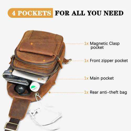 Vista 6 de Caballo loco grueso cuero triángulo Crossbody Sling bolsa de pecho viaje un bolso de hombro Daypack para hombres hombres 3028