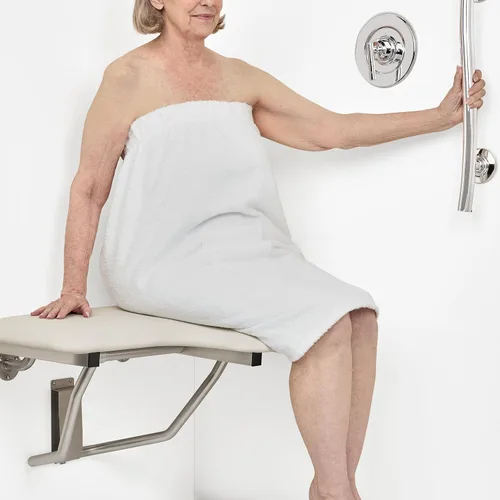 Vista 12 de Seachrome Asiento de ducha Lift-Assist, en forma de L, zurdo, ADA, montaje en pared, acolchado blanco naugahyde