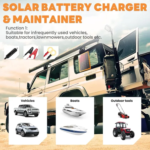 Vista 2 de FieryRed Cargador y mantenedor de batería de coche con panel solar de 10 W y 12 V, cargador de goteo impermeable con controlador integrado, enchufe