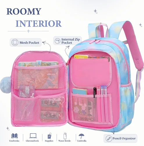 Vista 2 de Alrisg Mochila escolar para niñas, para escuela primaria, linda mochila para niñas, color azul