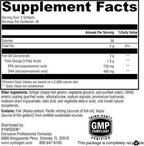 Vista 2 de XYMOGEN OmegaPure 600 EC, 60 comprimidos de cápsulas blandas Cardiovascular and Brain Support, IFOS Five-Star Certified Fish Oil, DHA EPA Omega-3