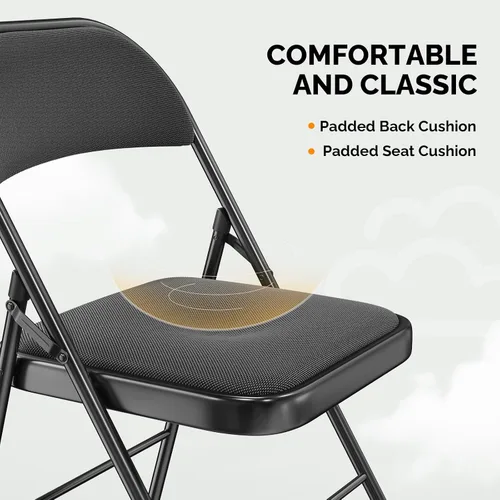Vista 5 de VINGLI Paquete de 4 sillas plegables con asientos acolchados, marco de metal con asiento y respaldo de tela, capacidad de 350 libras, color negro